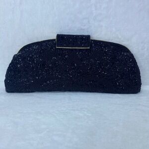 Vintage Black Beaded‎ Clutch Purse Evening Bag Gold Tone Chain Strap